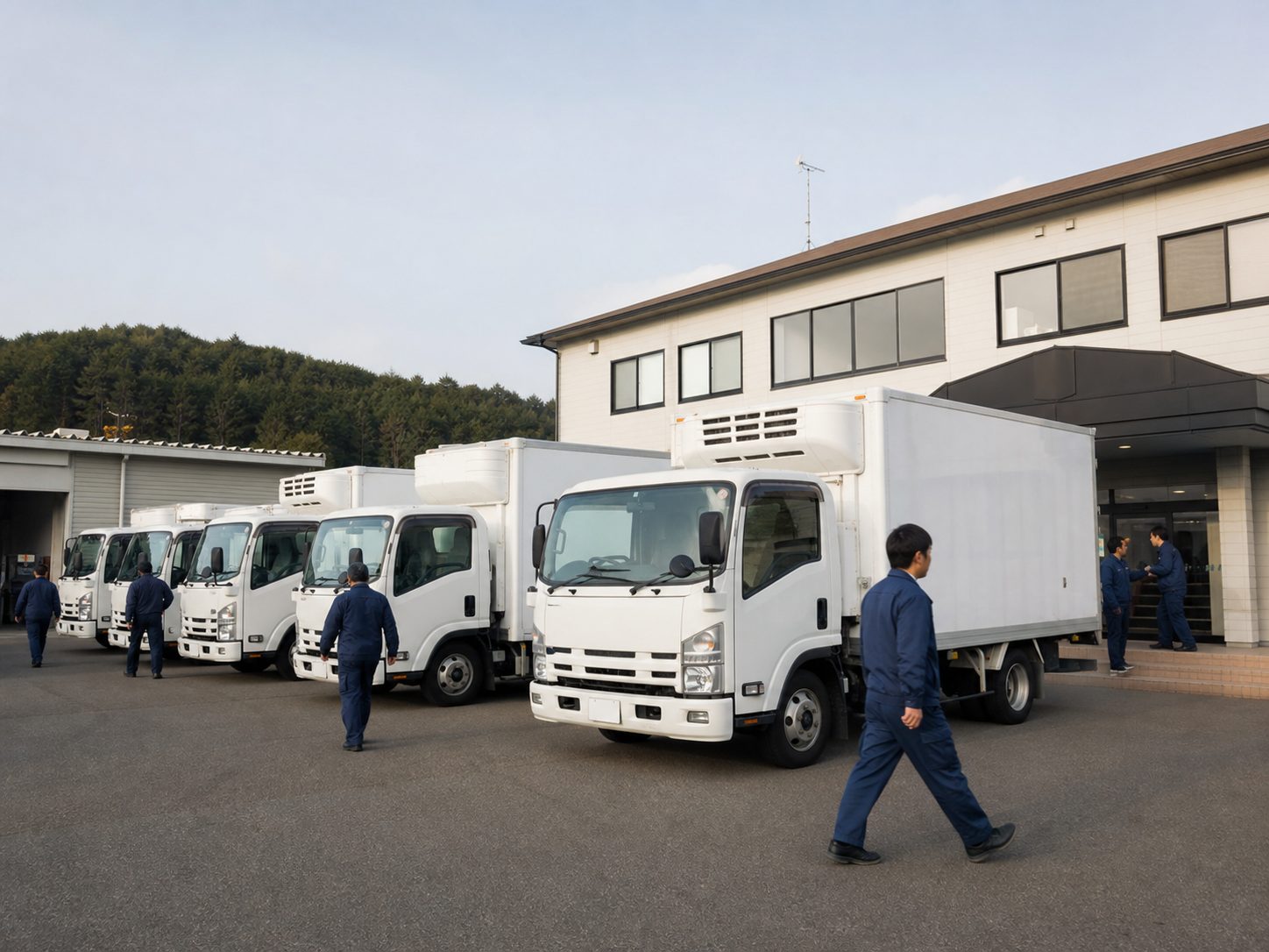 営業所前に並ぶ中型配送車