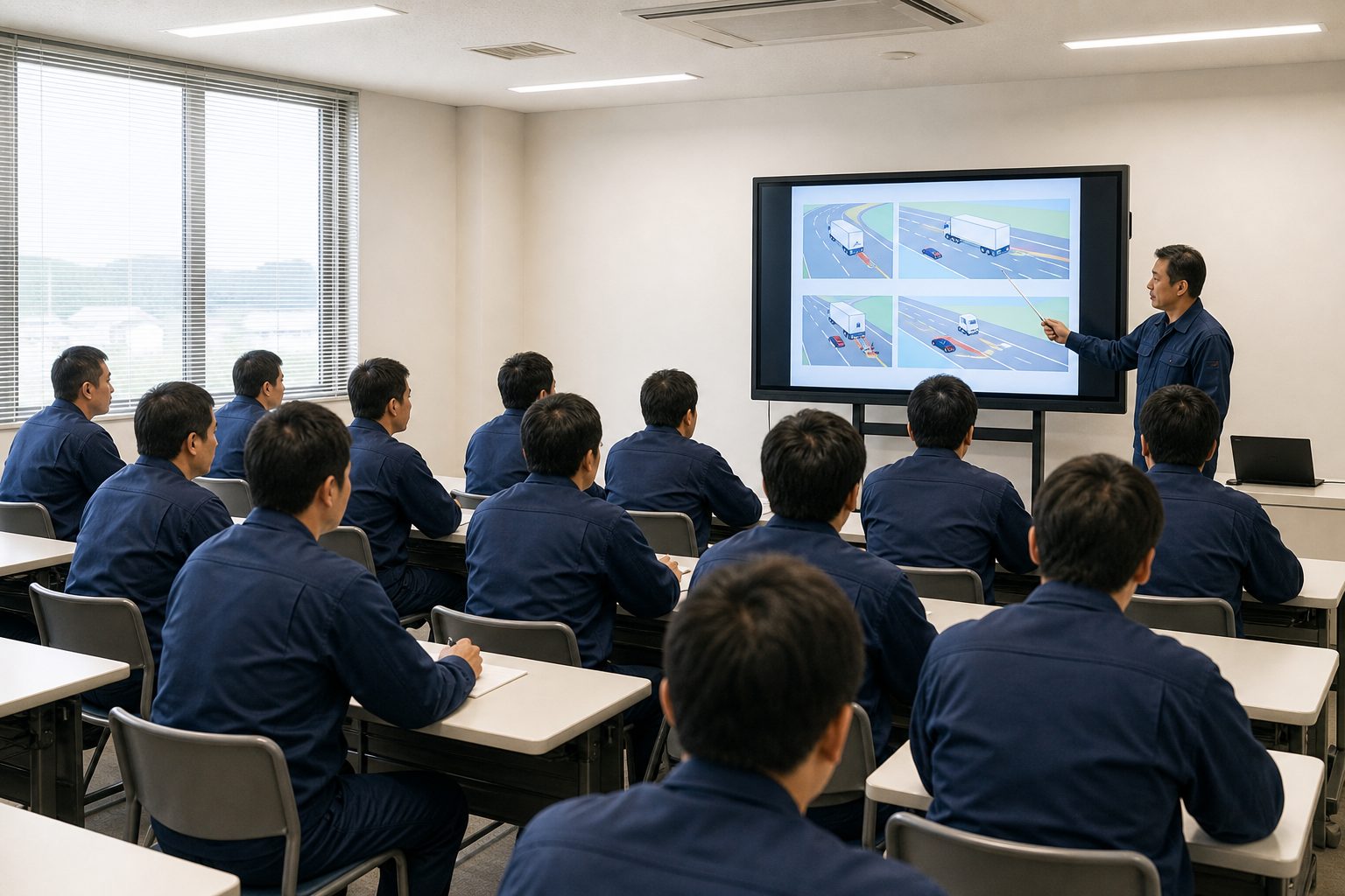 研修室で乗務員が座学(スクリーン)