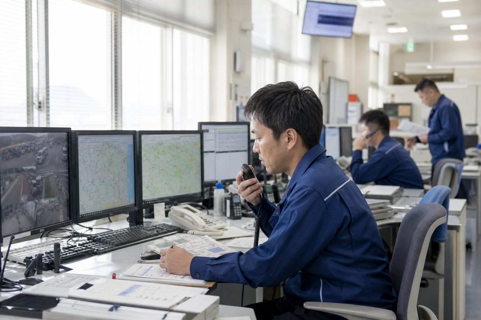 運行管理室のモニターと運行管理者