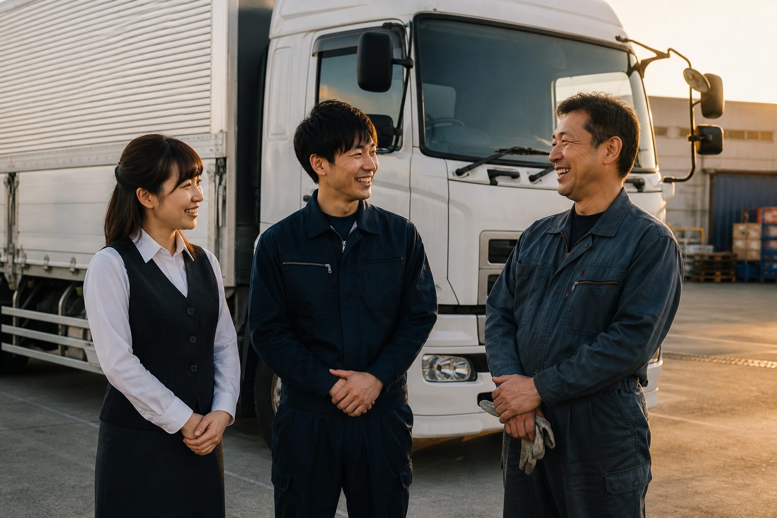 トラック前で笑顔の社員3名（事務・若手・ベテラン）