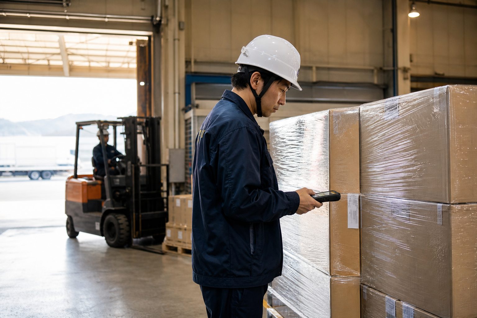倉庫での入庫検品（ハンディ端末）